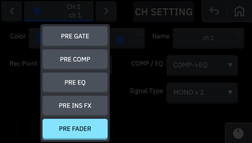CH SETTING の Rec Point。いちばん後ろの選択肢が PRE FADER