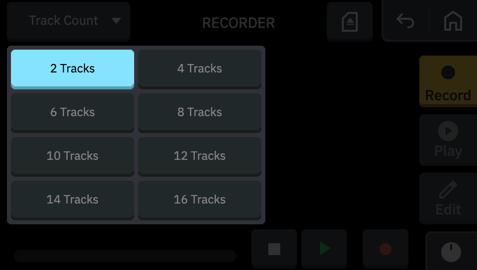 192kHz にした後の RECORDER の Track Count。選べるのは 2 Tracks だけになる
