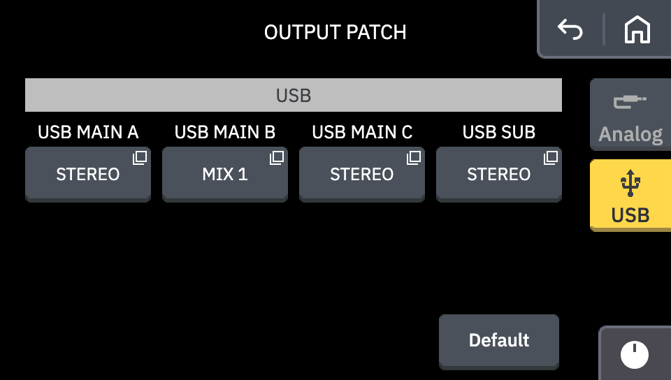 Output Patch の USB タブで USB MAIN B のソースを MIX 1 にしたところ