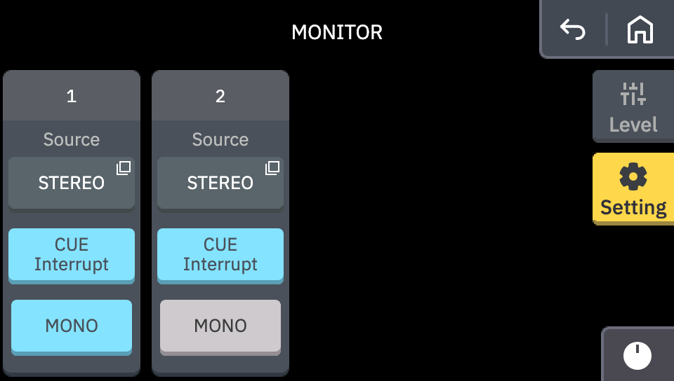 MONITOR 画面の Setting で MONITOR 1 の MONO をオンにしたところ