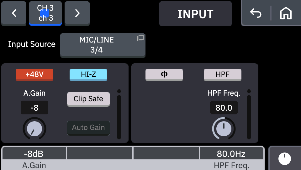 CH 3 の INPUT 画面で +48V と HI-Z を両方オンにしたところ