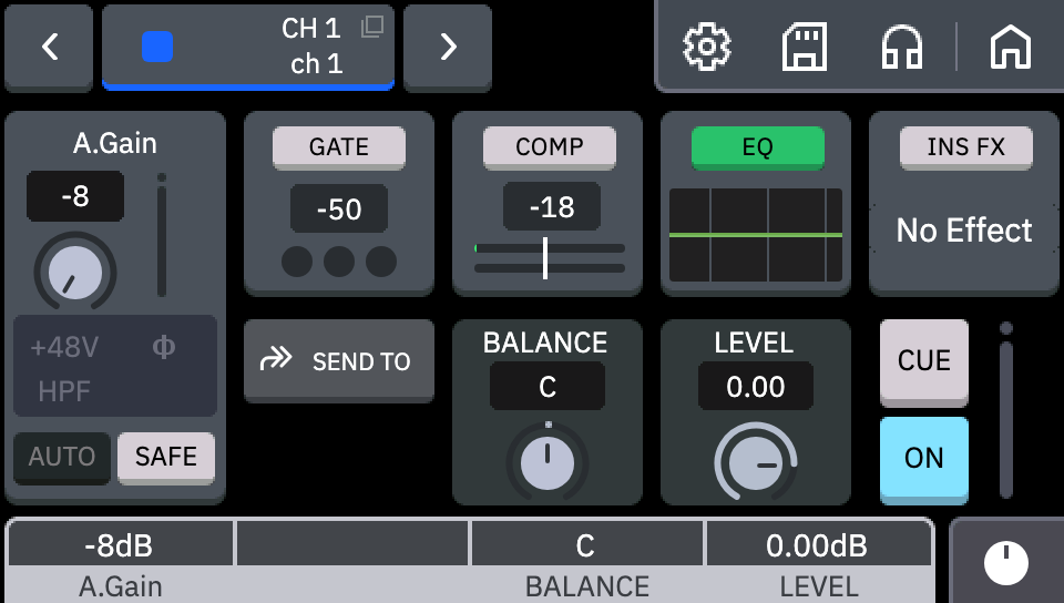 Signal Type を STEREO にした CH 1 のチャンネルビュー。右端の LEVEL メーターは 1 本