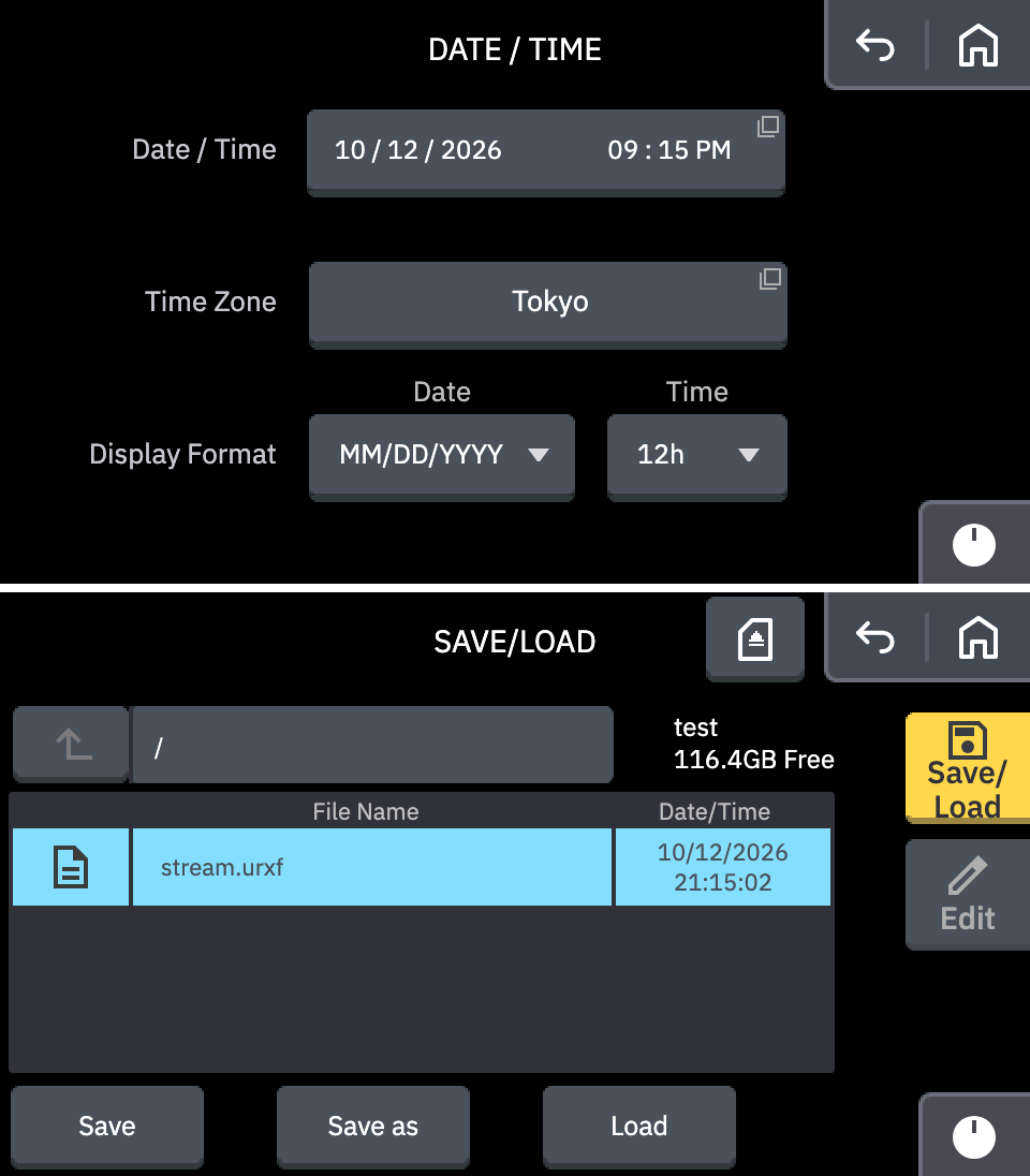 Time を 12h にした DATE / TIME 画面 (上) と、同じ時刻に保存したファイルの SAVE/LOAD の一覧 (下)