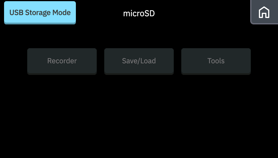 USB Storage Mode をオンにした microSD 画面。microSD 画面の中のメニューは押せなくなるが、HOME などほかの画面は開ける