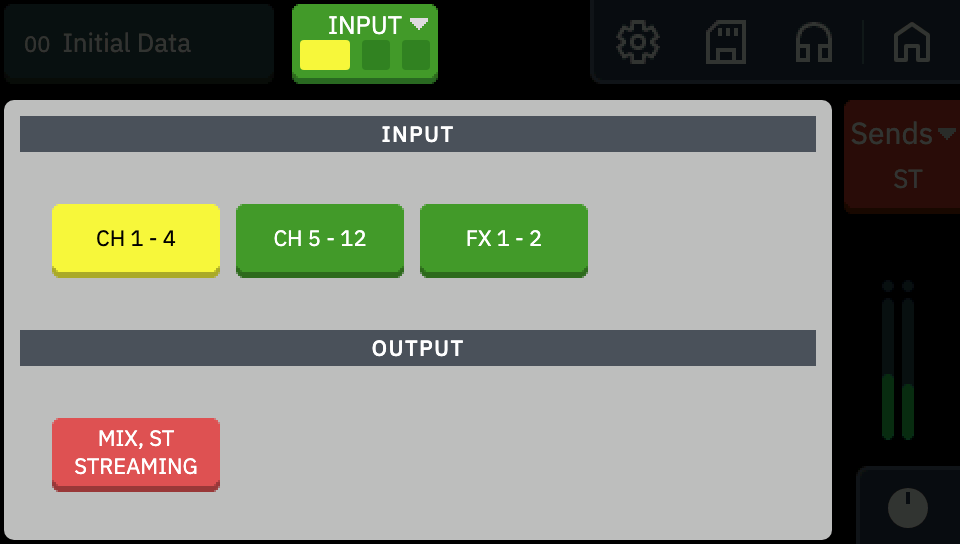 チャンネルバンクの選択。入力 (INPUT) のバンクが 3 つ、出力 (OUTPUT) のバンクが 1 つ